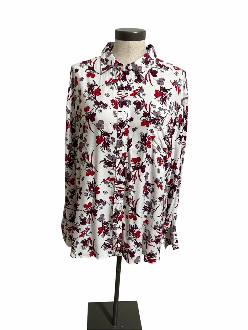 Liz Claiborne White Button-Down Shirt Red & Plum Floral Tunic Cottagecore SZ XXL